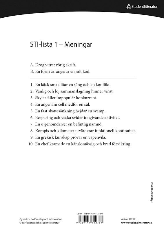 Dysartri - STI-lista 1-50 - Ord- och meningslistor för testning av patientens förståelighet