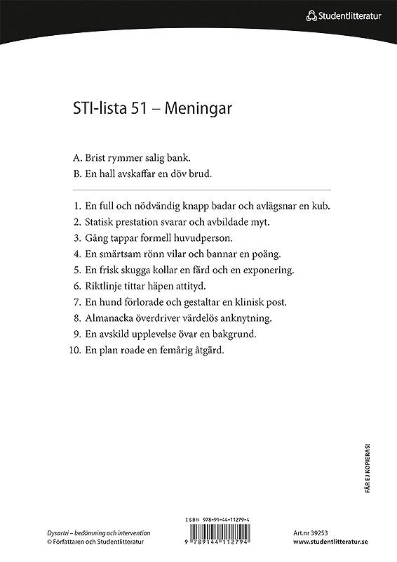 Dysartri - STI-lista 51-100 - Ord- och meningslistor för testning av patientens förståelighet